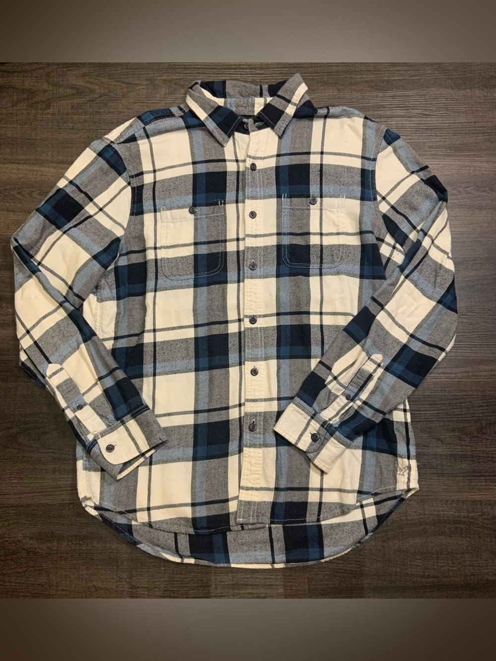 American Eagle Outfitters Blue and White Plaid Button-Down Shirt